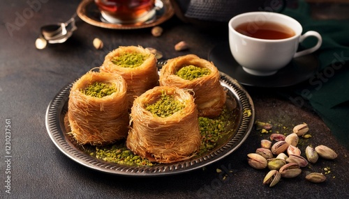 Kataifi, kadayif, kunafa, baklava pastry nest cookies with pistachios with tea. Generated image photo