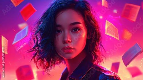 Enigmatic Portrait of a Young Woman Surrounded by Colorful Floating Shapes and Vibrant Neon Backgrounds