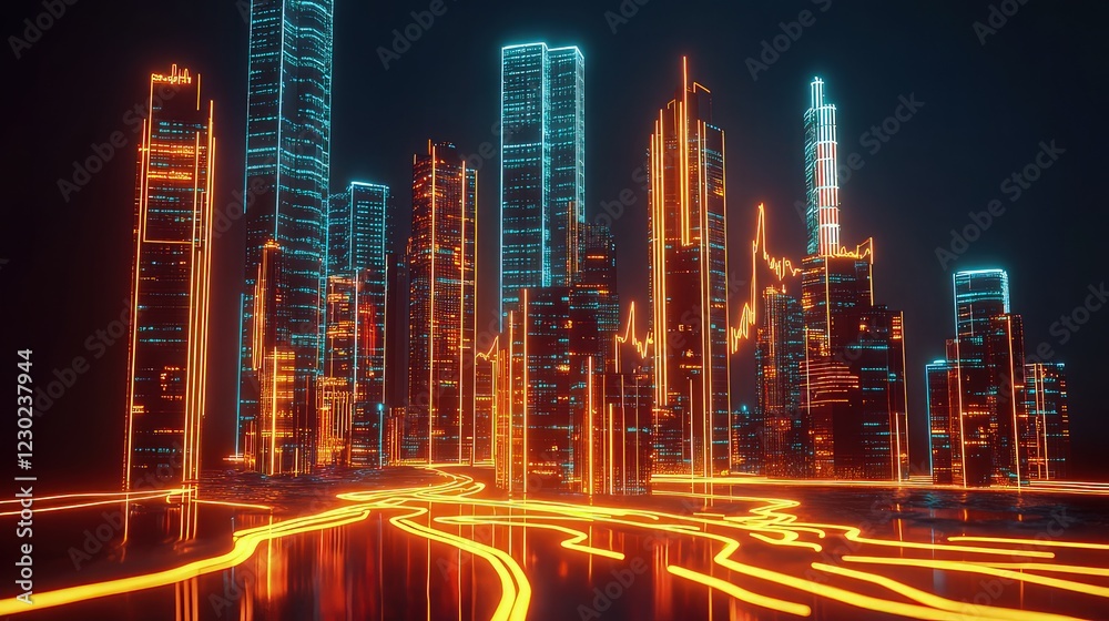 Obraz premium Abstract city lights form neon pathways around glowing skyscrapers at night.