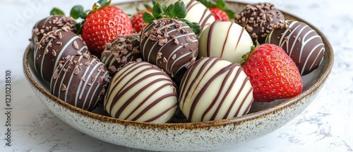 A bowl filled with chocolate-covered strawberries and truffles, elegantly arranged with a mix of dark and white chocolate drizzles.