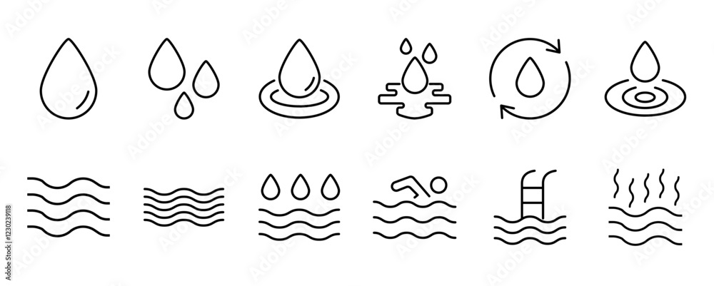 Fototapeta premium Water drops icon set. Editable vector pack of water line icons. A drop of water. Glass, magnifier, washing hands, shower. Vector illustration.