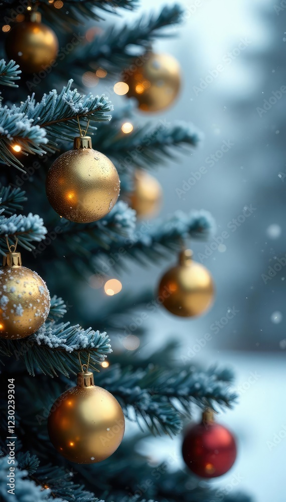Frosty blue tree branches adorned with golden ornaments, shining in soft winter light, ornaments, Christmas Frosty blue tree branches adorned with golden ornaments, shining in soft winter light, ornaments, Christmas