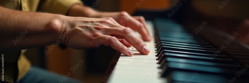 Fototapeta premium Older hands gently positioning younger hands on piano keys , development, care
