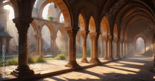 Morning light streams through ancient cloister arches , ancient, stonework, architecture