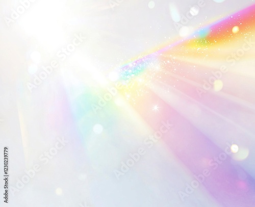White background with rainbow lens flare, rainbow light rays, white color palette, bright and airy, blurred edges, delicate, translucent, soft glow, ethereal, iridescent, holographic, shimmering, 