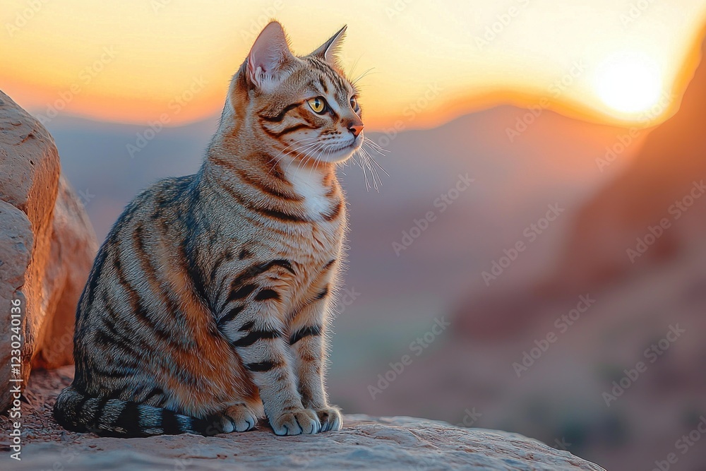 Cat sits on rock watching desert sunset Cat sits on rock watching desert sunset