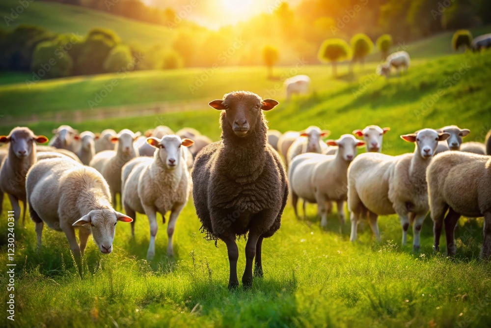 Obraz premium Lone Black Sheep Grazing in Green Pasture, Rule of Thirds Composition