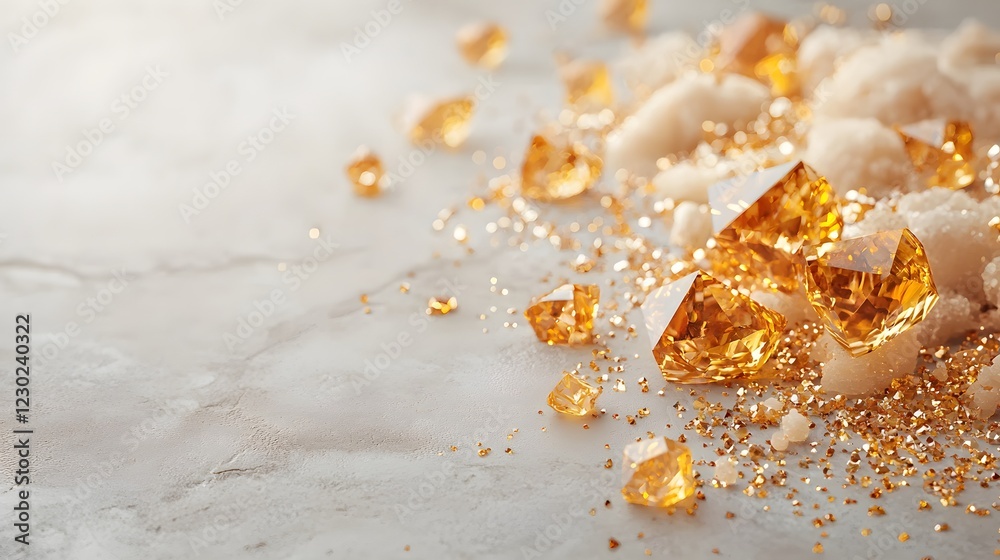 Obraz premium Closeup view of dazzling golden crystals gemstones and glittering mineral fragments shimmering with a brilliant radiant and luxurious shine