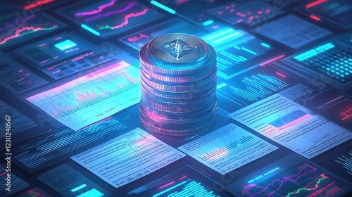 A futuristic coin stack encircled by accounting spreadsheets, tax paperwork, and flashing financial charts, signifying wealth accumulation and the contribution of taxes to financial development