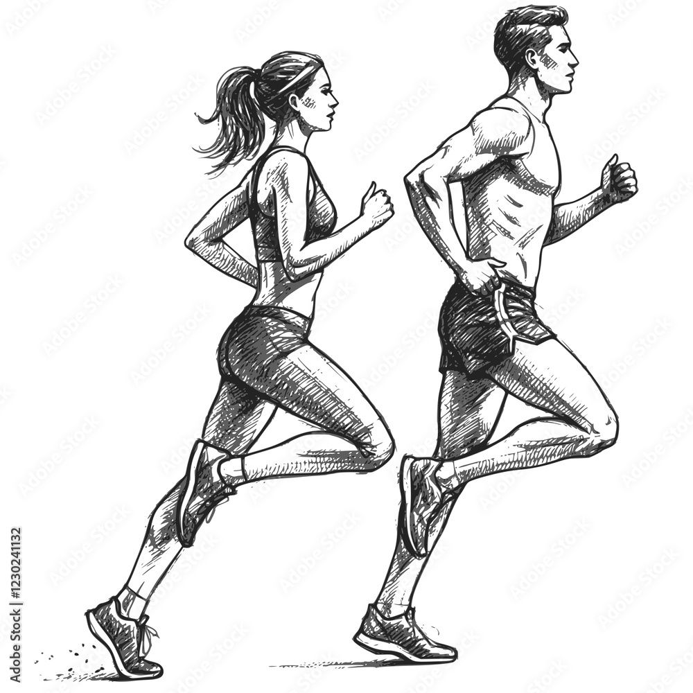 Fototapeta premium Running man and woman, isolated vector charcoal silhouettes. Run, side view. Charcoal sketches of athletic looking male and female runners running. JPEG version.