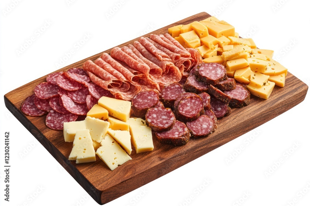 Beautifully Arranged Wooden Board with Various Meats and Cheeses Beautifully Arranged Wooden Board with Various Meats and Cheeses