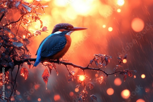 Colorful bird perched on a branch during sunset with background bokeh effect photo