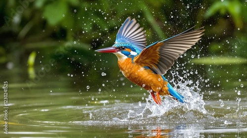 female kingfisher emerging from the water with a splash photo