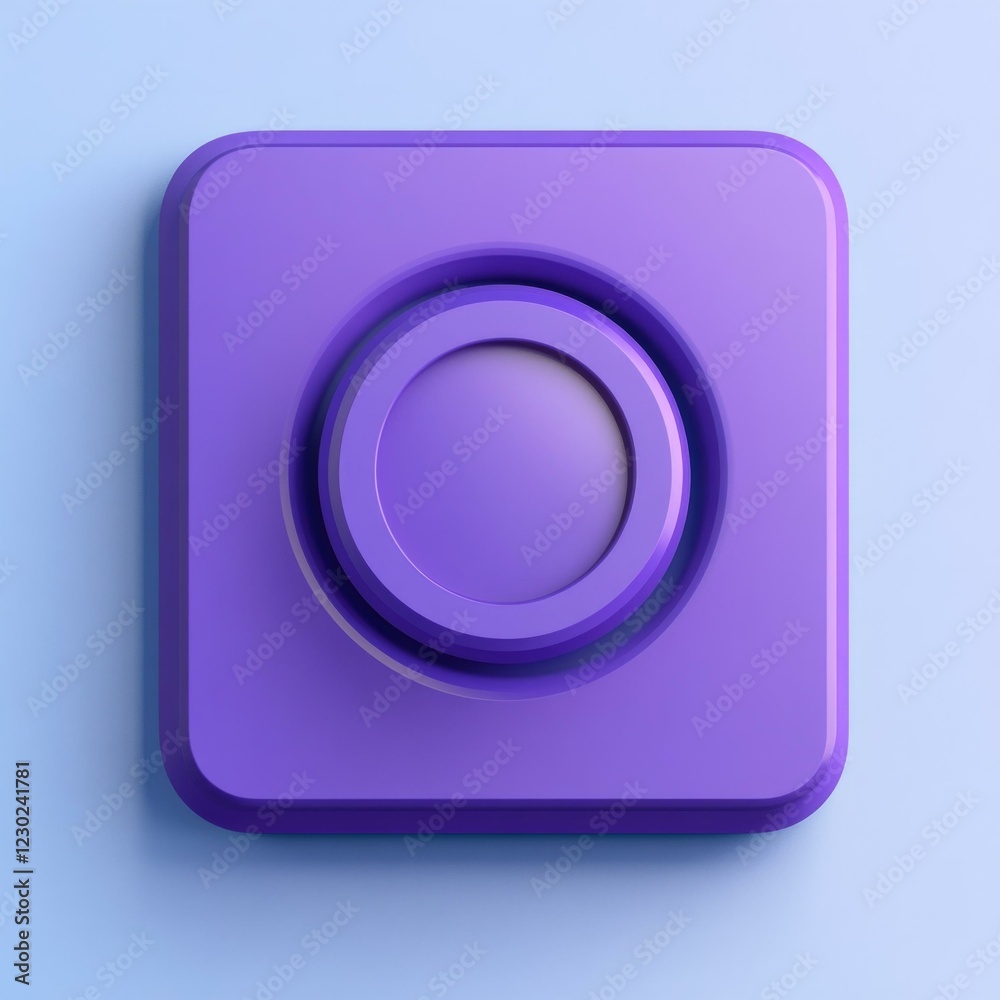 Minimalist 3d purple square button on light blue background Minimalist 3d purple square button on light blue background