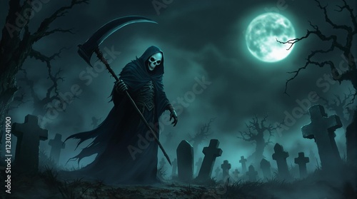grim reaper standing in a dark graveyard surrounded by tombstones under a moonlit sky