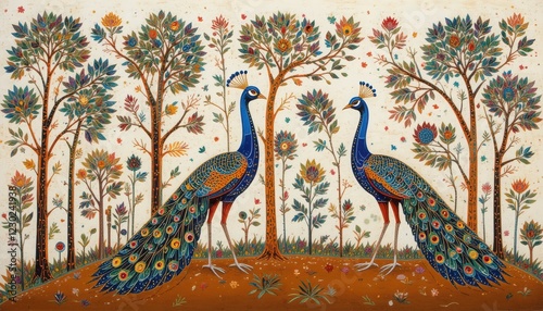 Traditional Gond painting of peacocks surrounded by colorful, abstract trees on a textured background