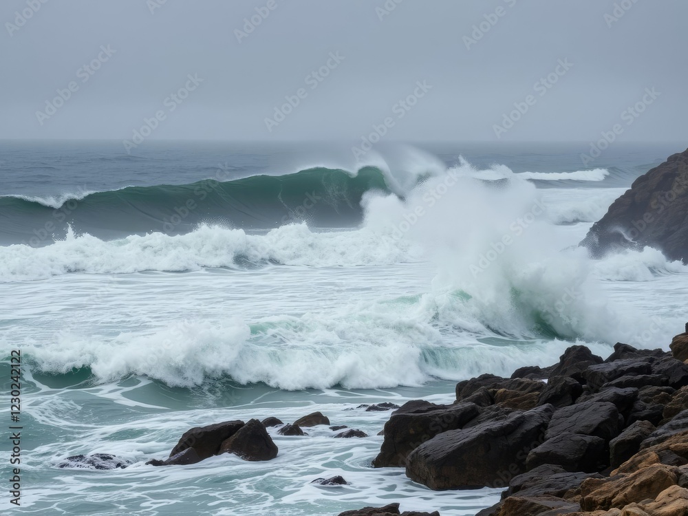 Ominous ocean waves crash against a windswept rocky coastline with crashing surf and foamy whitecaps, ocean, rugged landscape, darkening sky Ominous ocean waves crash against a windswept rocky coastline with crashing surf and foamy whitecaps, ocean, rugged landscape, darkening sky
