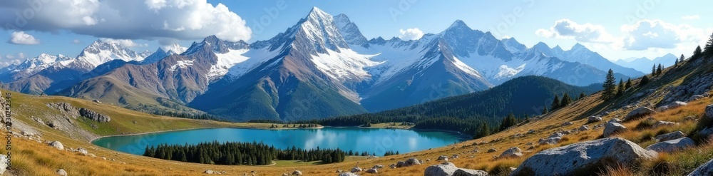 Rocky mountain range with snow-capped peaks and alpine lakes in the foreground, nature, landscape, pikes peak Rocky mountain range with snow-capped peaks and alpine lakes in the foreground, nature, landscape, pikes peak