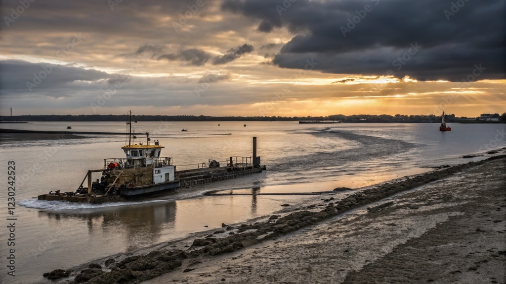 Long Exposure Dredger Working in Felixstowe Estuary, River Orwell, Suffolk, UK Long Exposure Dredger Working in Felixstowe Estuary, River Orwell, Suffolk, UK