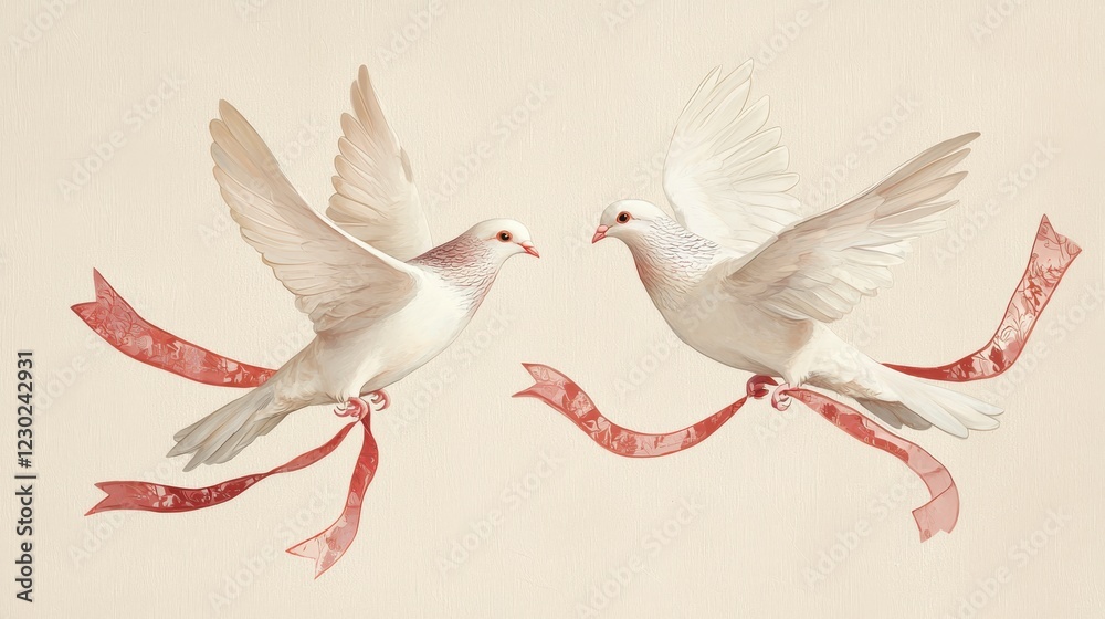 Fototapeta premium Elegant Doves with Flowing Ribbons in Flight