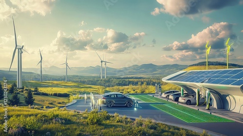 An environmentally friendly charging station powered by solar and wind turbines in the future, when electric vehicles are linked to a landscape-spanning green energy system