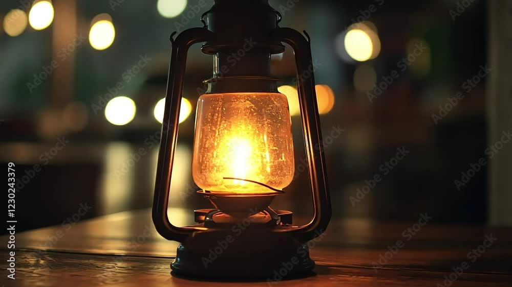 Lit kerosene lamp on table at night with blurred lights background