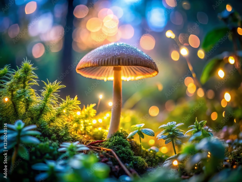 Fototapeta premium Long Exposure: Lepiota Mushroom in a Breton Garden at Dusk