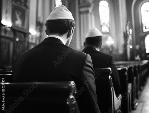 A man in a liturgical vestment sitting on a pew, looking toward the front of a church during a religious service. photo