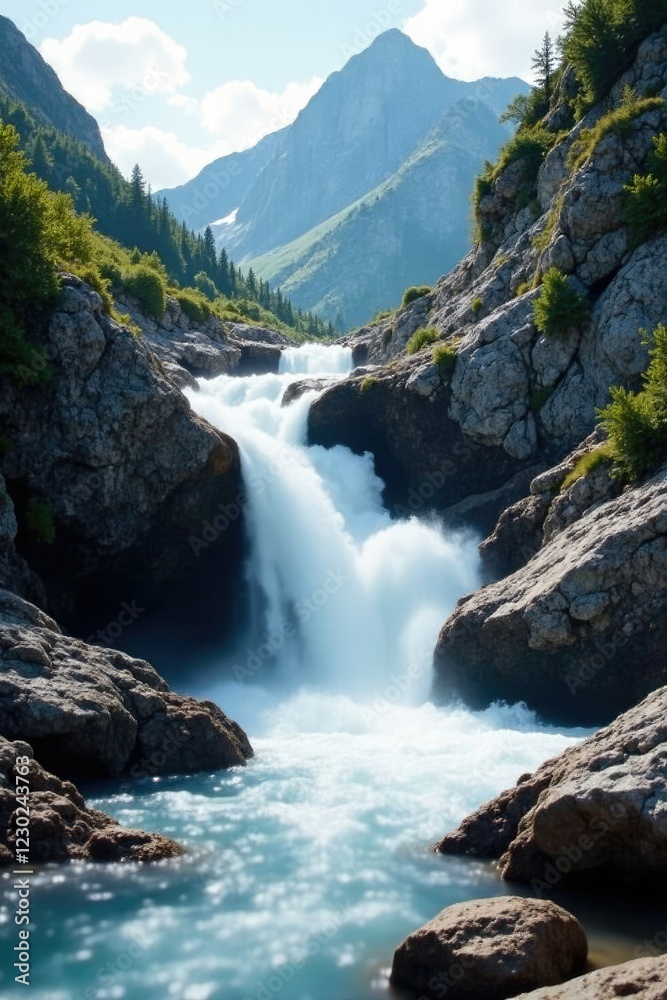 Obraz premium Shining white water cascading down a rocky slope, rocky mountain terrain, rocky, geological formations