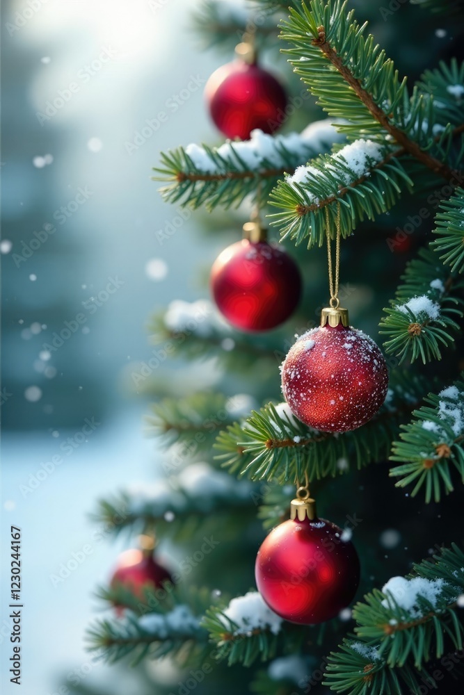 Evergreen branch with ornaments against a snowy background, evergreen branches, festive, snow Evergreen branch with ornaments against a snowy background, evergreen branches, festive, snow