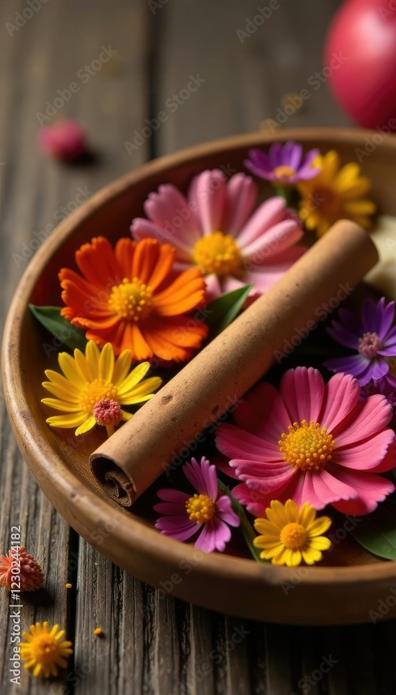 Single cinnamon stick placed among dried flowers on a wooden plate, flowers, wood, natural Single cinnamon stick placed among dried flowers on a wooden plate, flowers, wood, natural