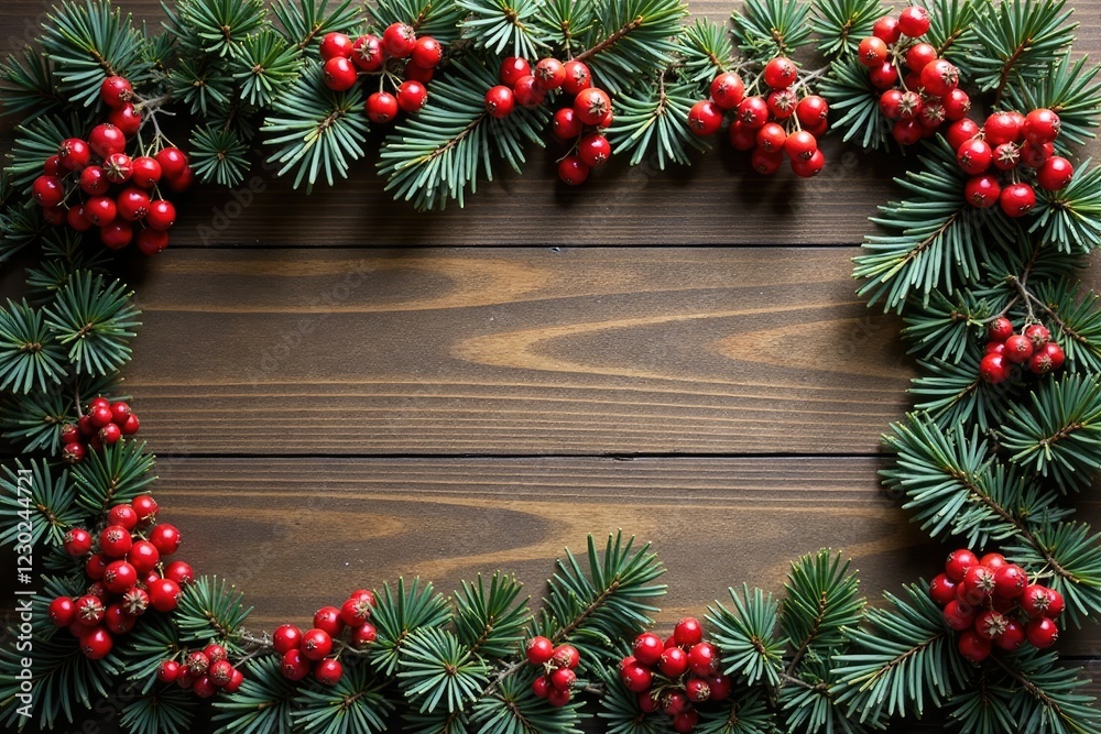 Sparkling silver garland with festive berries on a wooden background, festive, wooden Sparkling silver garland with festive berries on a wooden background, festive, wooden