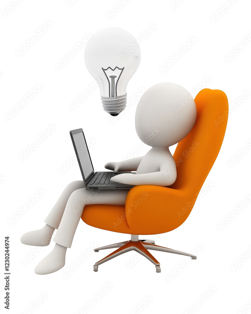 Isolated 3D Character Working on Laptop Under Lightbulb Isolated 3D Character Working on Laptop Under Lightbulb