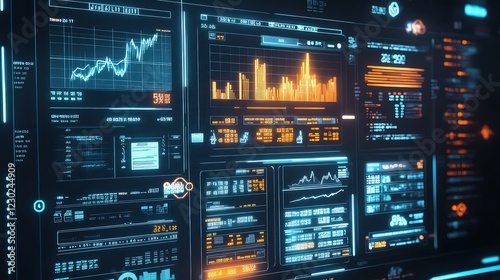 Wallpaper Mural A futuristic financial dashboard with glowing charts, tax forms, and balance sheets, showing tax calculations, revenue, and expenses in real-time, with floating currency symbols Torontodigital.ca