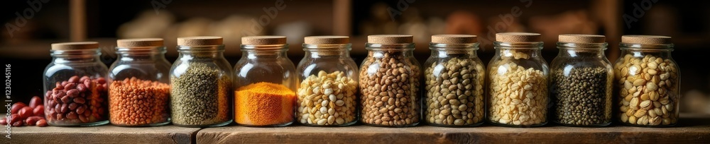 Stack of jars with seed samples on wooden shelf, rustic, seeds Stack of jars with seed samples on wooden shelf, rustic, seeds