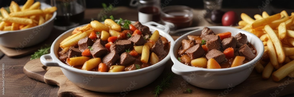 Hearty beef stew served in a rich, dark sauce with tender chunks of meat and crispy French fries on the side , comfort food, plate, beer Hearty beef stew served in a rich, dark sauce with tender chunks of meat and crispy French fries on the side , comfort food, plate, beer