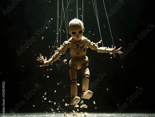 Wooden Puppet Breaks Free from Marionette Strings, Symbolic of Independence and Transformation