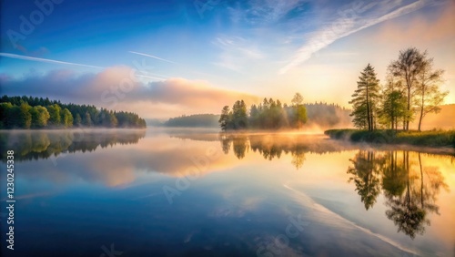 High-angle shot of a tranquil lake at dawn with mist rising from the water and a few trees reflected in its surface, forest, water