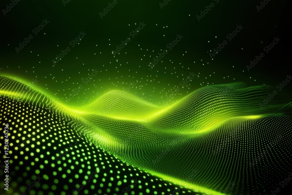 Abstract Green Digital Wave with Particle Lights in Futuristic Cyber Landscape Abstract Green Digital Wave with Particle Lights in Futuristic Cyber Landscape