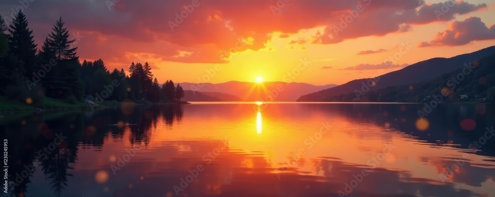 Sunset over a serene lake with subtle gold bokeh effect, lake, serene, reflection