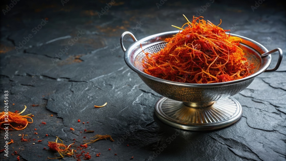 Fototapeta premium Saffron threads in a metal colander dripping onto a dark slate background, slate, droplet