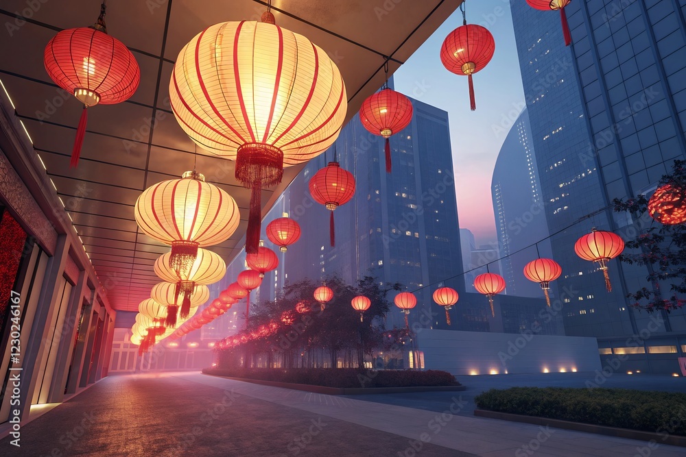 Obraz premium air balloon with Chinese pattern, gold hanging lantern. Modern luxury oriental illustration for cover, banner, website, envelope.