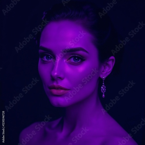 Valentine's Day portrait with deep ultraviolet hues highlighting elegant features and high contrast
