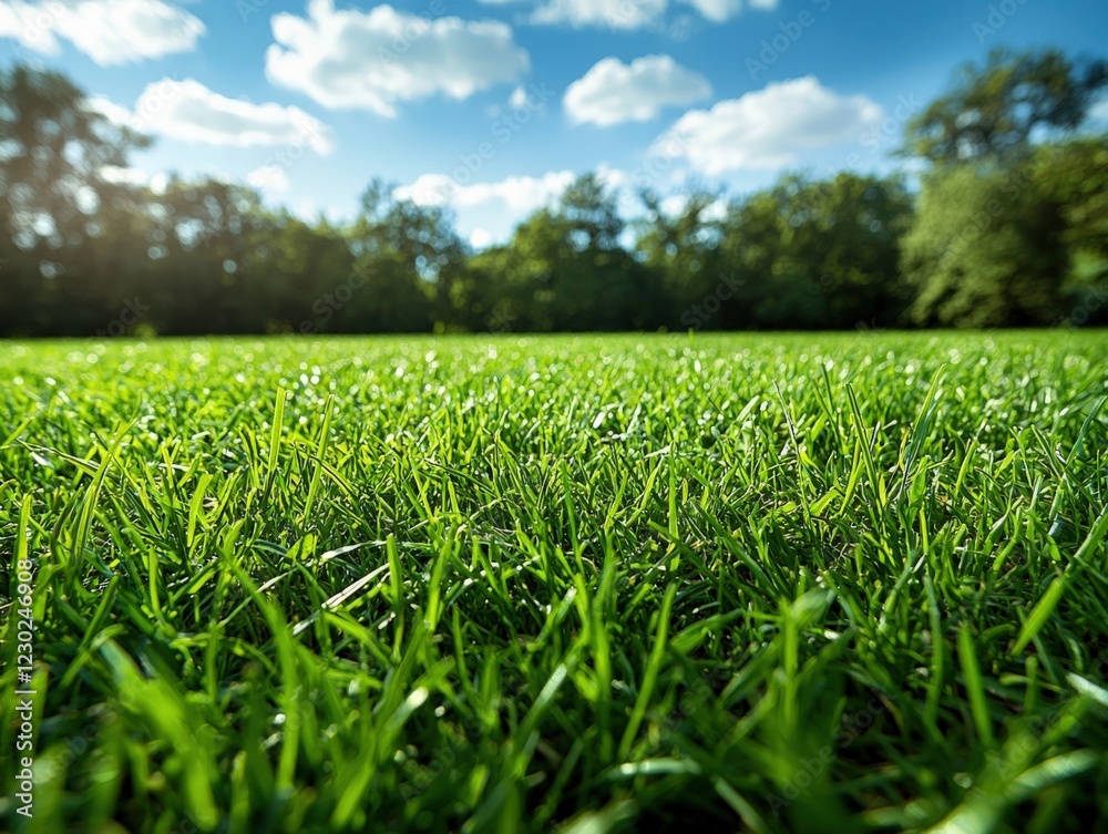 Lush Green Grass Under Blue Sky with Fluffy Clouds in Summer Lush Green Grass Under Blue Sky with Fluffy Clouds in Summer
