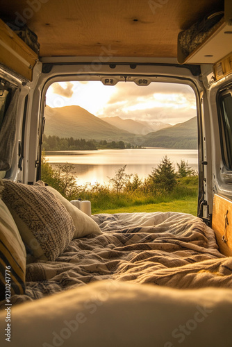 Cozy van interior with sunset over tranquil lake view