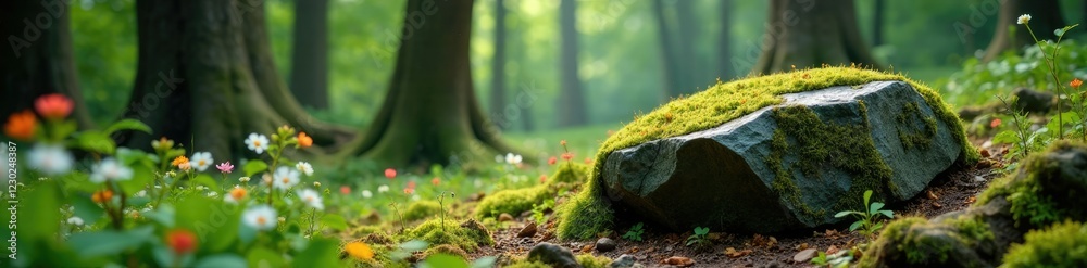 A moss-covered granite boulder lies in the forest floor amidst ferns and wildflowers, flowers, trees, forests A moss-covered granite boulder lies in the forest floor amidst ferns and wildflowers, flowers, trees, forests