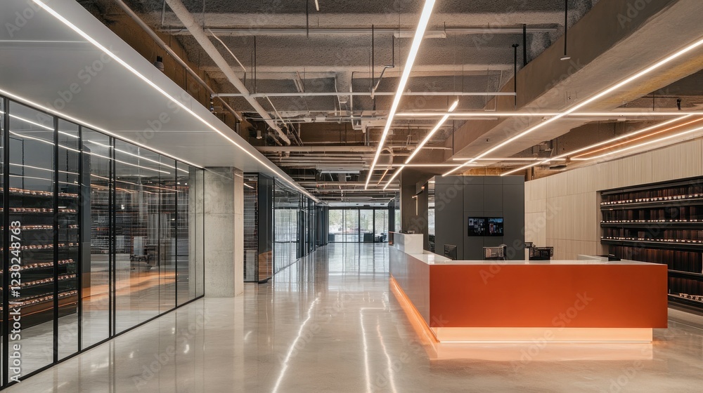 Fototapeta premium Modern Office Interior with Orange Reception Desk and Glass Walls