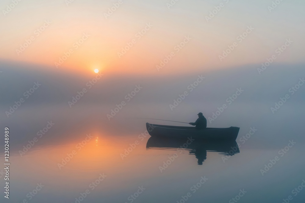 Silhouette of a fisherman on a wooden boat, fishing rod in hand, enjoying the tranquility of a misty sunrise over a calm lake Silhouette of a fisherman on a wooden boat, fishing rod in hand, enjoying the tranquility of a misty sunrise over a calm lake