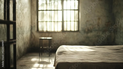 Sunlit, dilapidated room with bed, window, and small stool. photo