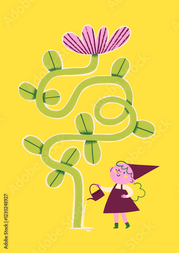 A gardening girl watering flowers